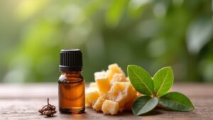 a-small-glass-bottle-of-frankincense-essential-oil-next-to-frankincense-resin-and-green-leaves-on-a-wooden-table-